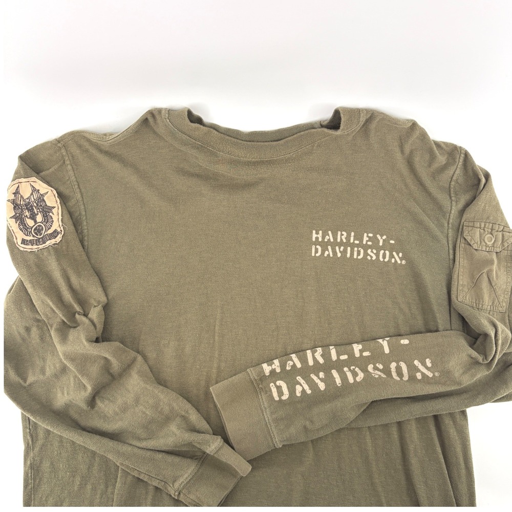 Harley Davidson Shirt Mens L Olive Green Military Style Long Sleeve Patch
